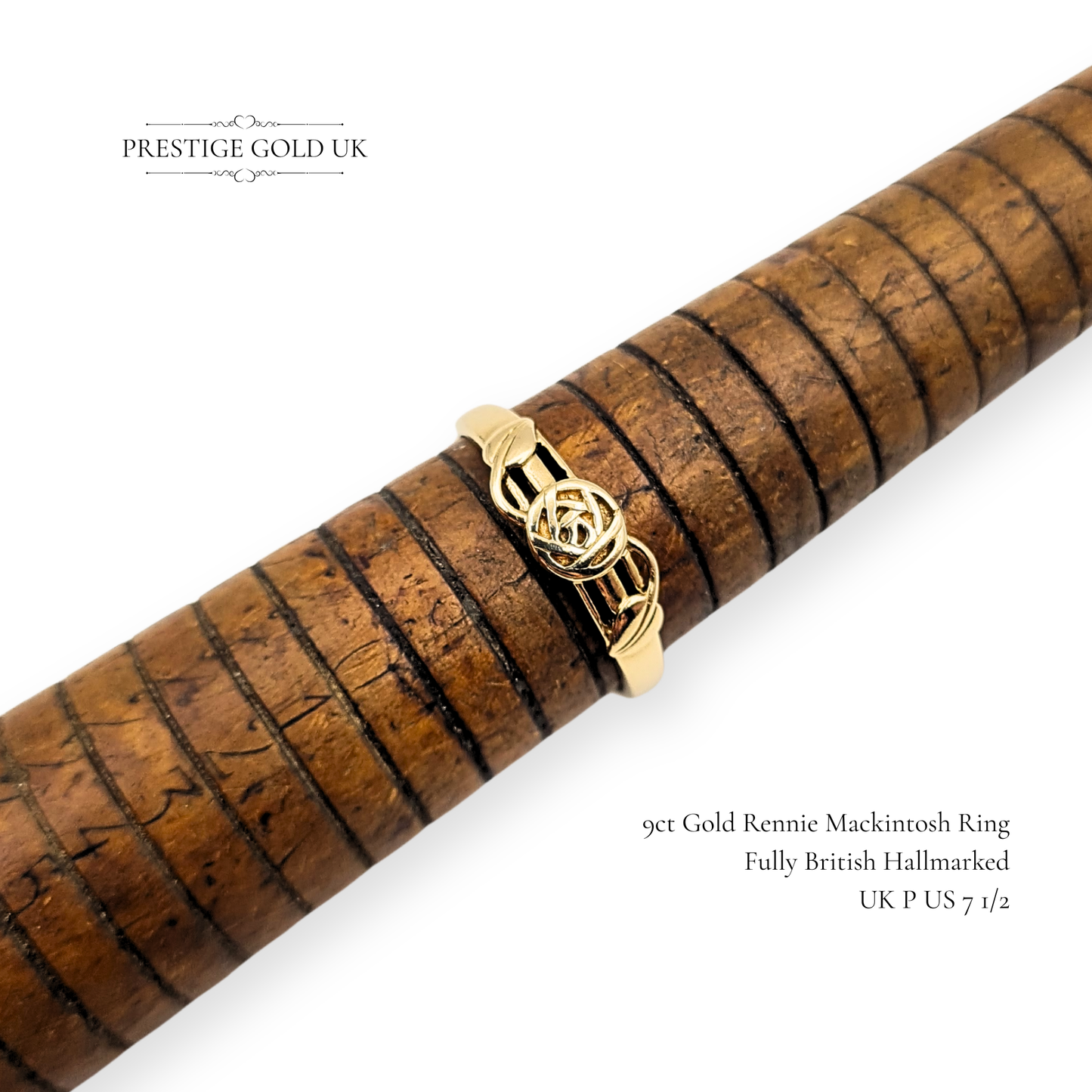 9ct Gold Rennie Mackintosh Ring, Art Nouveau Leaf, UK P / US 7.5