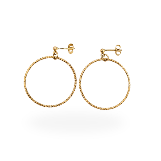 Pair of 9ct gold large 30mm twist wire hoop earrings with butterfly backs and full British hallmarks.