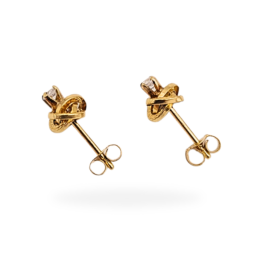 Pair of 9ct gold cubic zirconia twist stud earrings with knot-style design, each 5mm across with central CZ stone and butterfly backs. Lightweight at 0.51g, tested 9ct gold, polished finish, elegant and versatile everyday gold earrings.