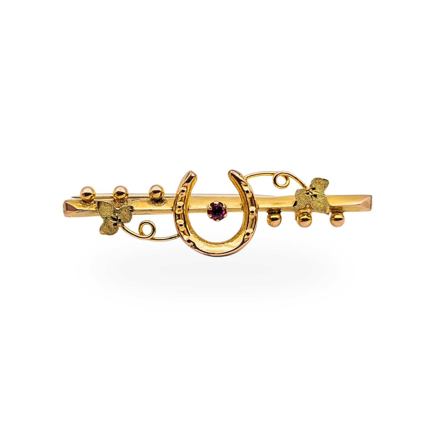 Antique 9ct Gold Horseshoe Brooch, Ruby, Edwardian 1906, Chain