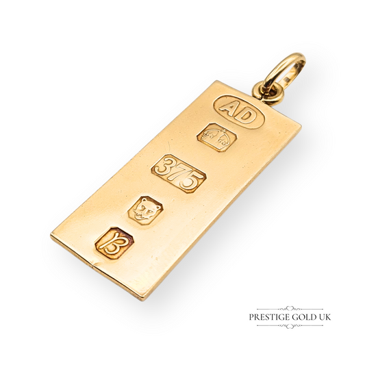 Solid 9ct gold ingot pendant fully hallmarked London 1976, rectangular bar shape, polished finish, 44mm tall x 16mm wide x 1.3mm thick, unisex vintage gold charm, 9.07g