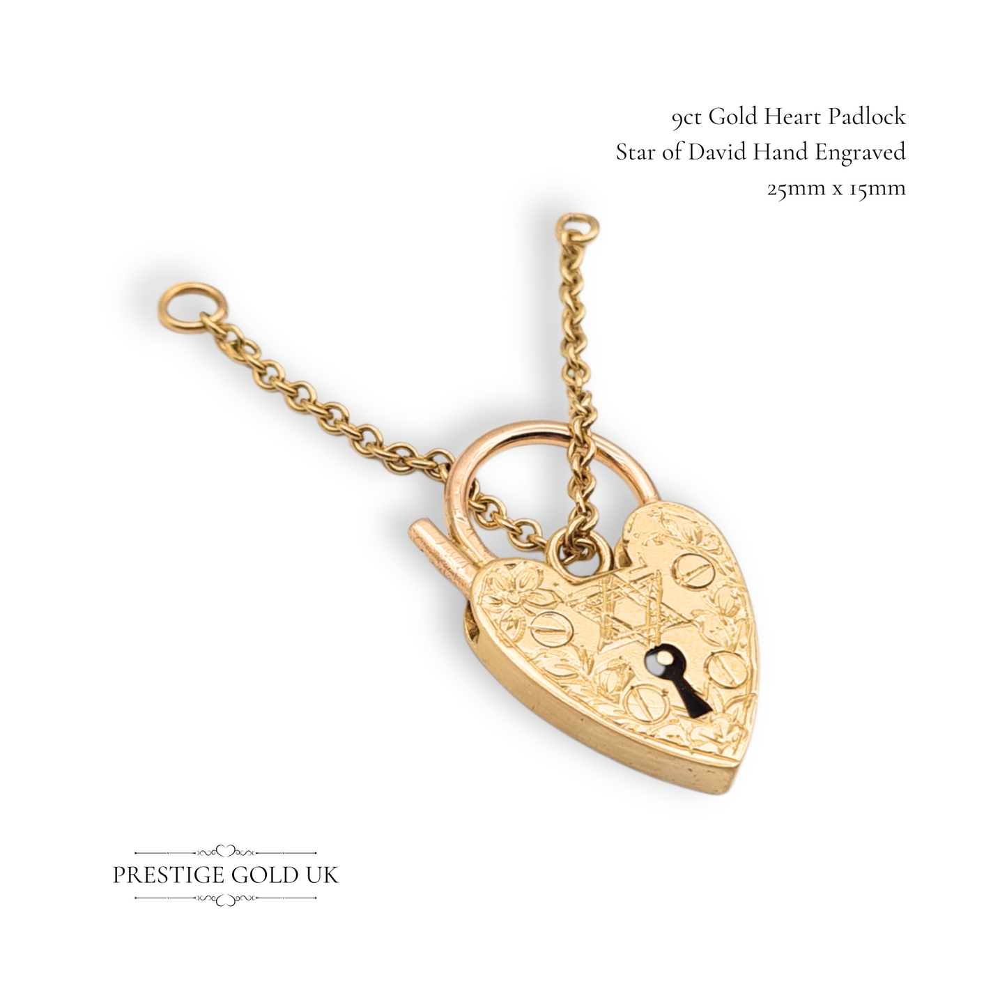 9ct Yellow Gold Heart Padlock Hand Engraved Star of David Safety Chain 1967