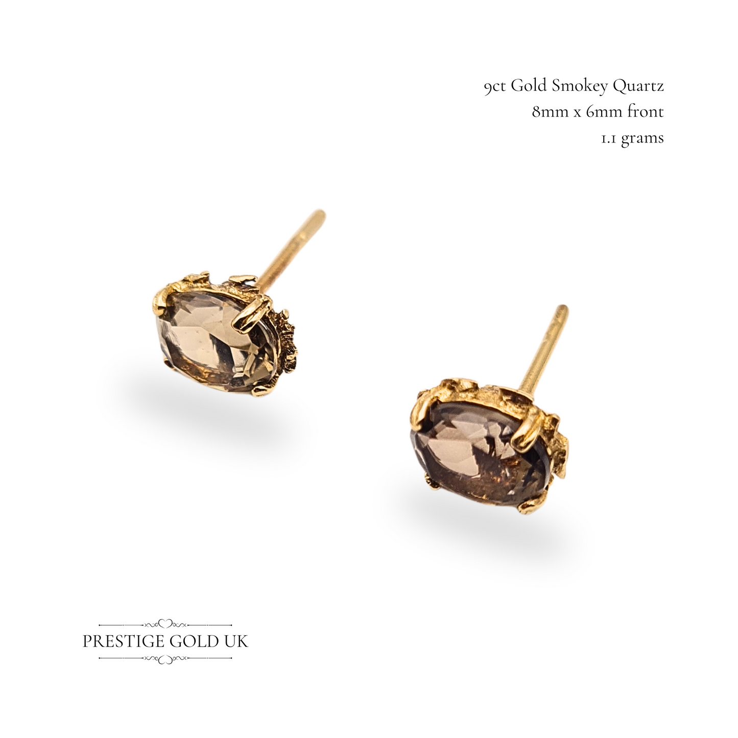 9ct Gold Smoky Quartz Stud Earrings, Oval Claw Set Brown Natural Stone Studs