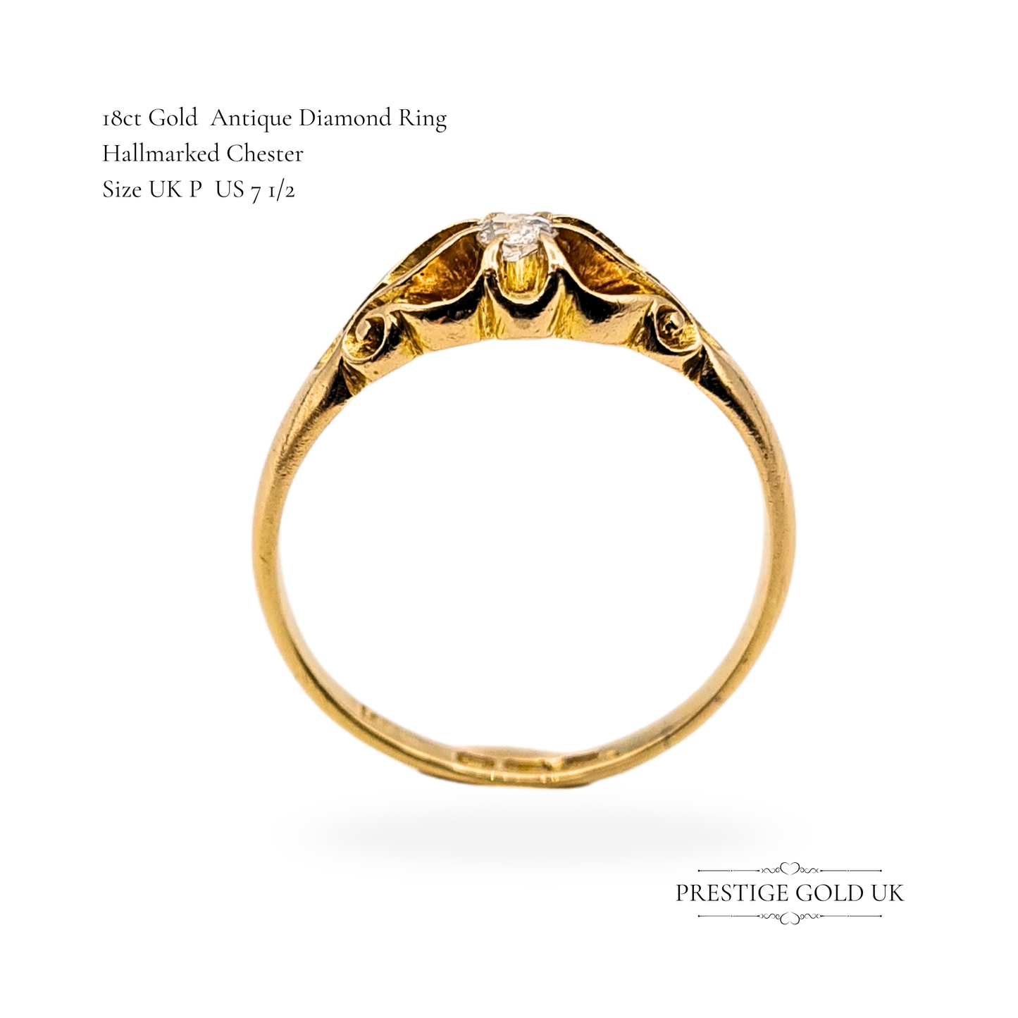 18ct Antique Gold Victorian Diamond Solitaire Ring, Size  UK P / US 7 1/2