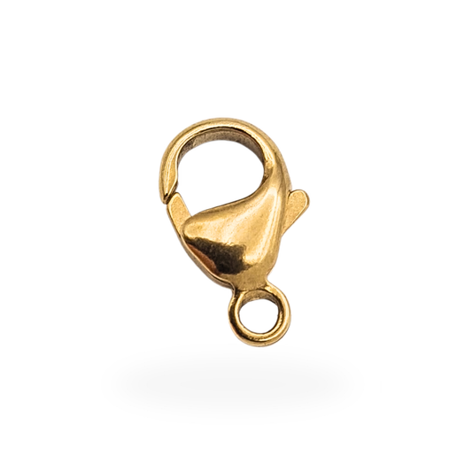 Large 9ct yellow gold lobster clasp measuring approximately 13mm long and weighing 0.9g, stamped 375 and fully tested. Solid chain fastener suitable for repairing gold necklaces or bracelets, attaching charms, or jewellery restoration and chain making projects.
