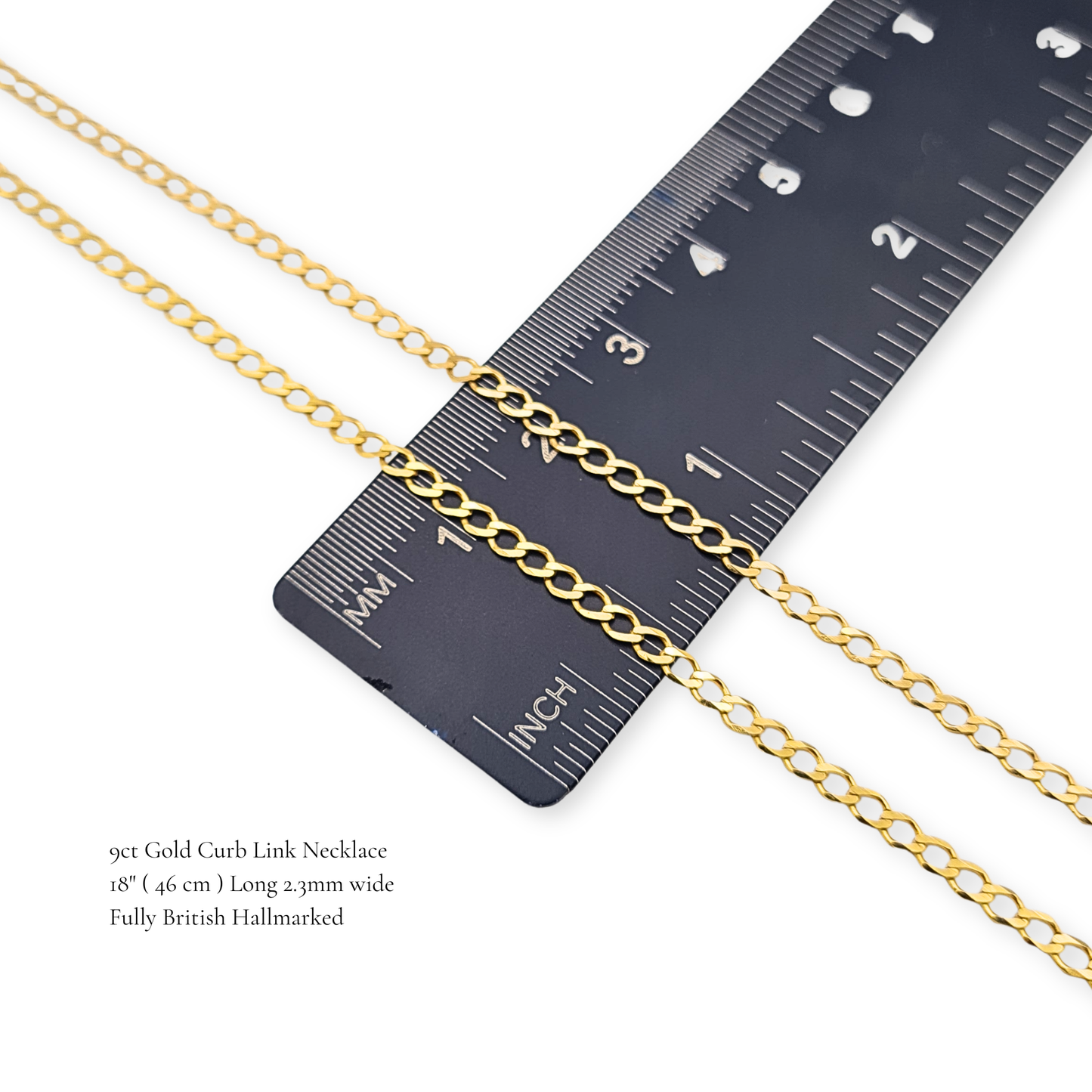 18"  9ct Gold Hollow Curb Chain Necklace 2.3mm Hallmarked Spring Ring