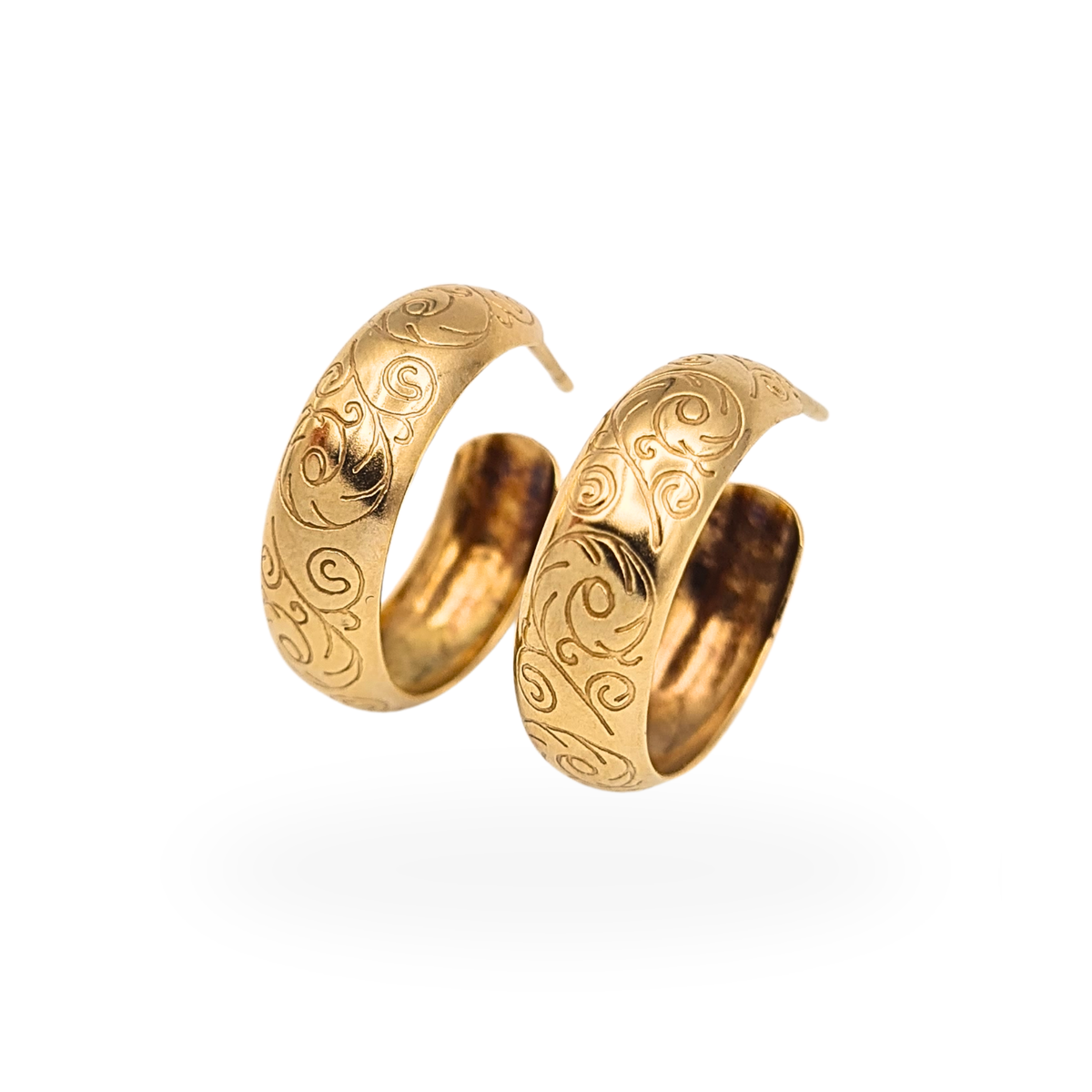 9ct yellow gold 18mm round hoop earrings with wide domed profile, engraved scroll pattern and butterfly backs