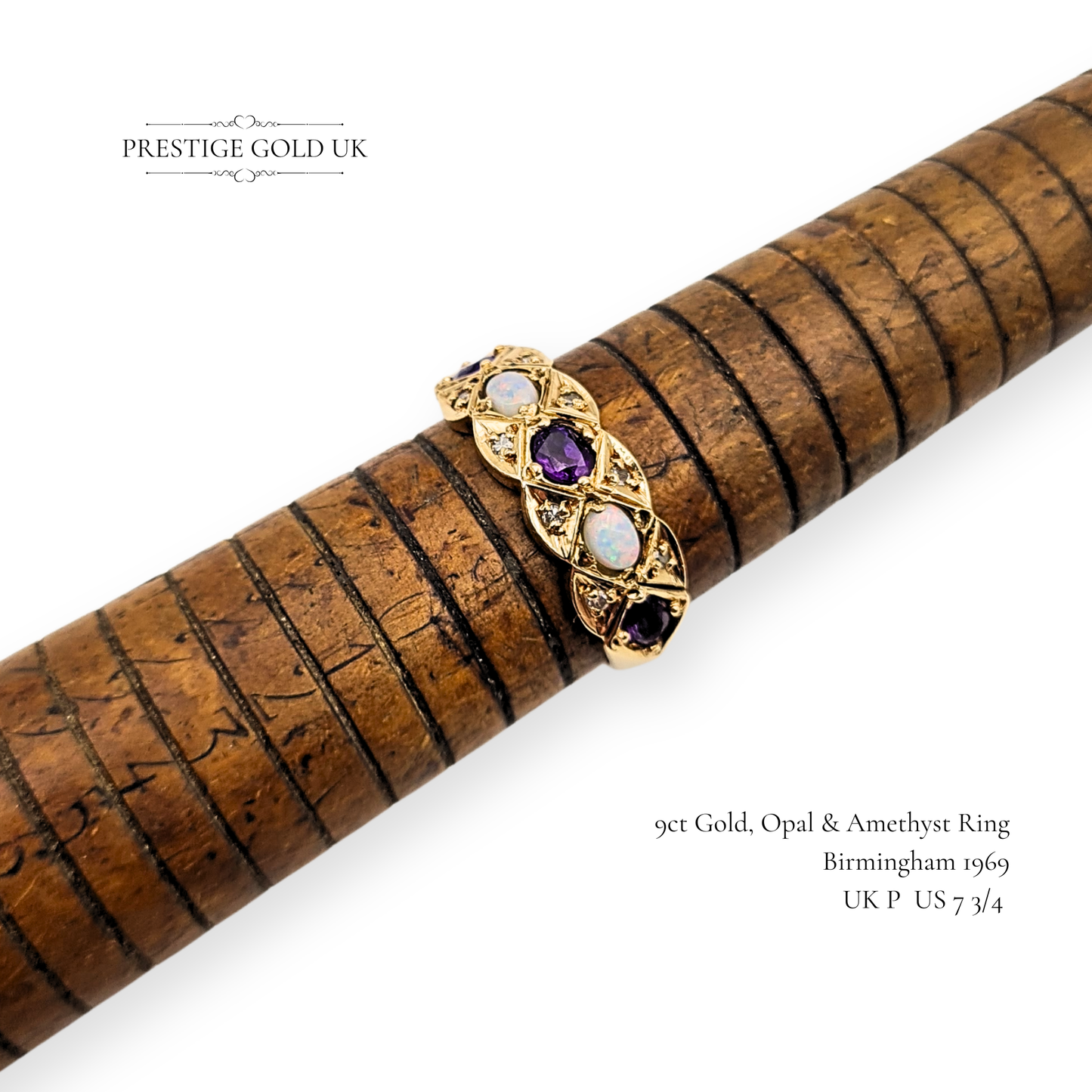 9ct Gold Amethyst Opal Diamond Ring, 1969  UK P / US 7 3/4