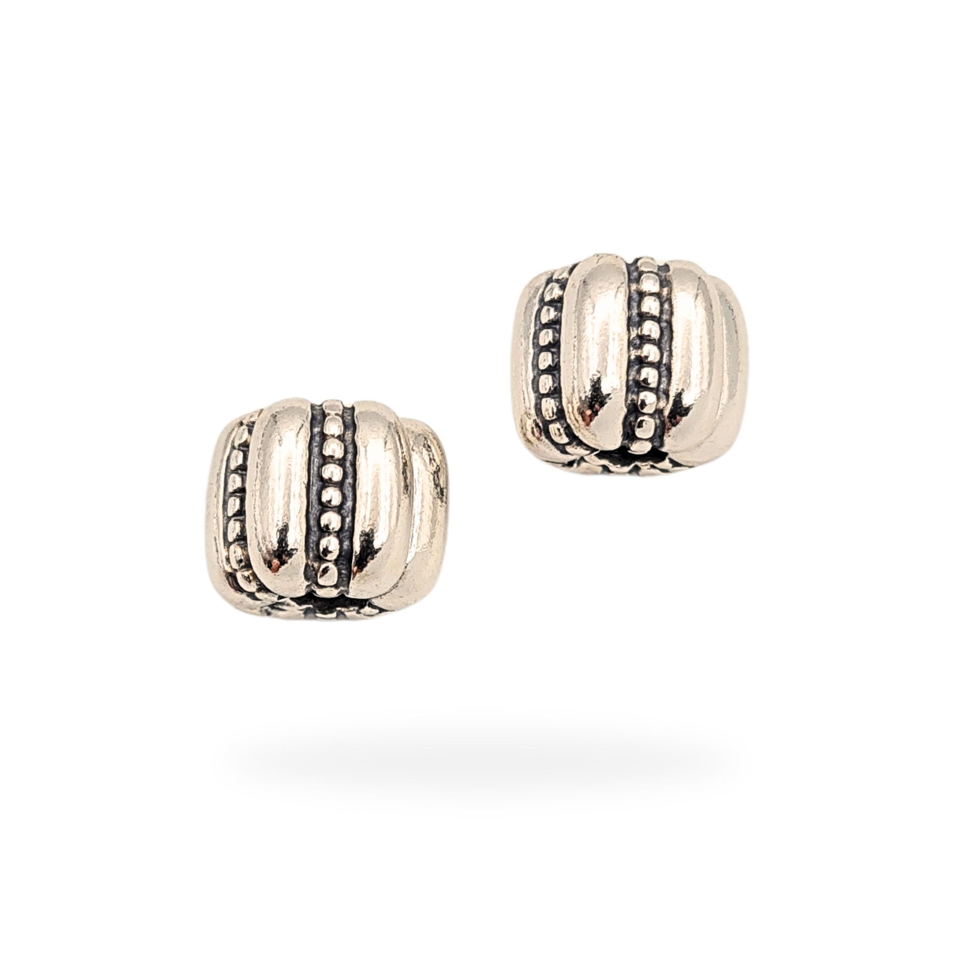 Pair of authentic Pandora sterling silver Dots and Ridges “Crazy Clip” charms, style 790446, each 8mm wide with S 925 ALE hallmark, featuring raised beaded detailing and ridged design. Gently polished, excellent pre-owned condition.