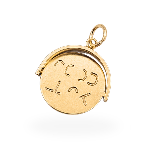 Vintage 9ct gold good luck spinning charm London 1970 small round moving pendant