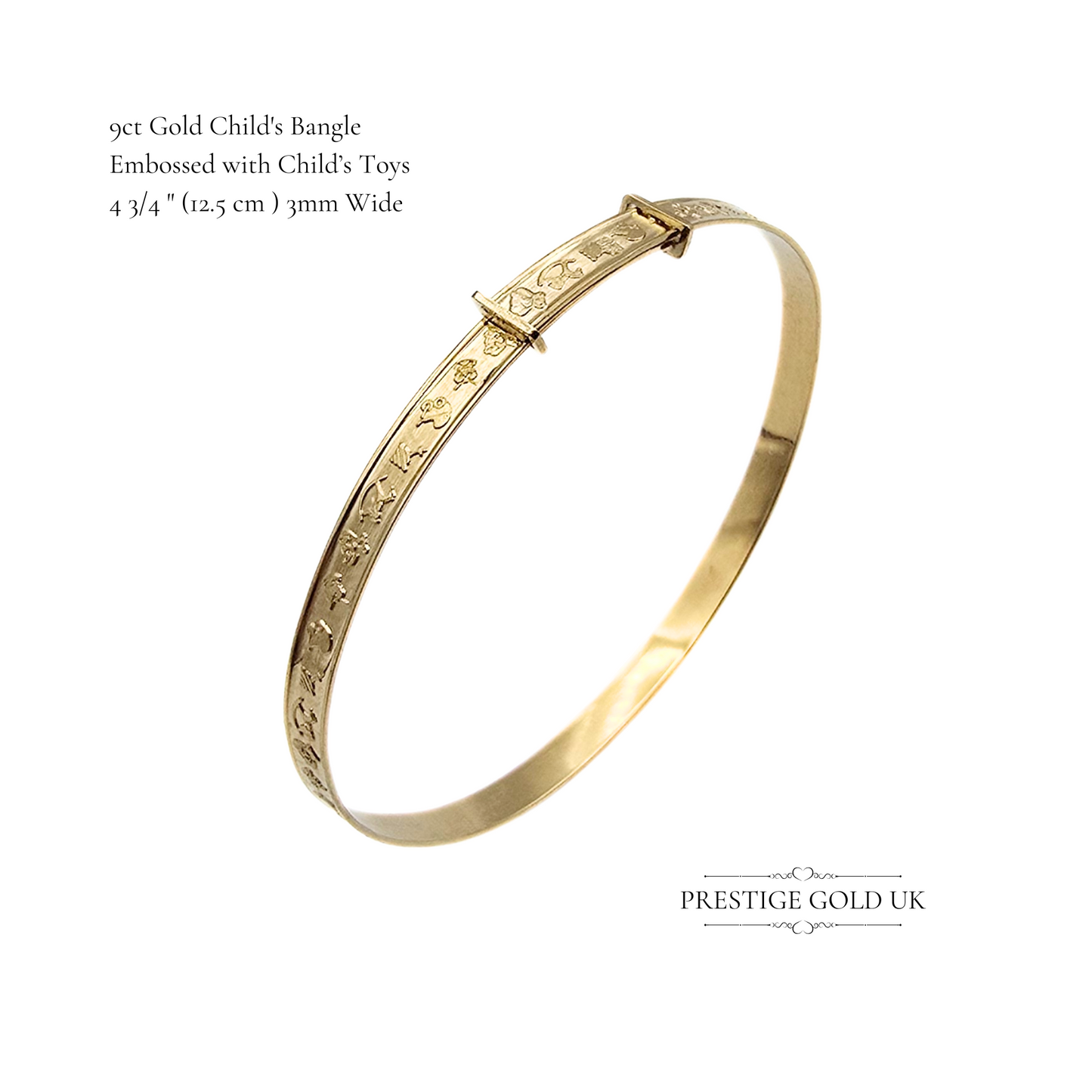 4 3/4" Vintage 9ct Gold Baby Bangle,  (12.5cm), 3mm Wide, Embossed Child's Toys Design, Christening Gift, Adjustable Gold Bracelet