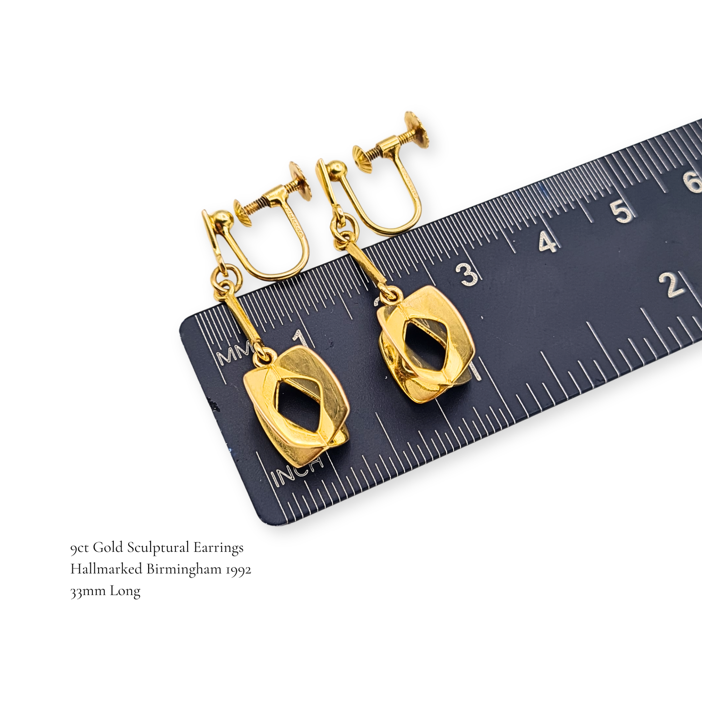 9ct Gold Drop Earrings, Screw Back Hallmarked Birmingham Reto