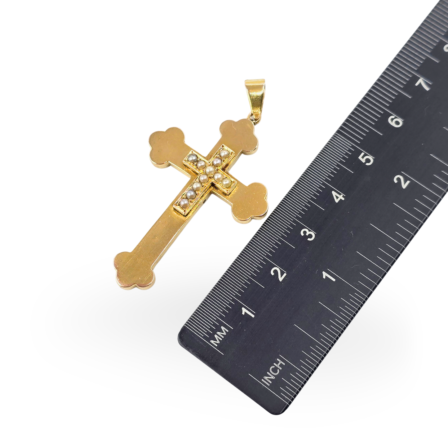 Large 9ct Gold Pearl Set Cross Pendant,  Byzantine Orthodox With Budded Ends