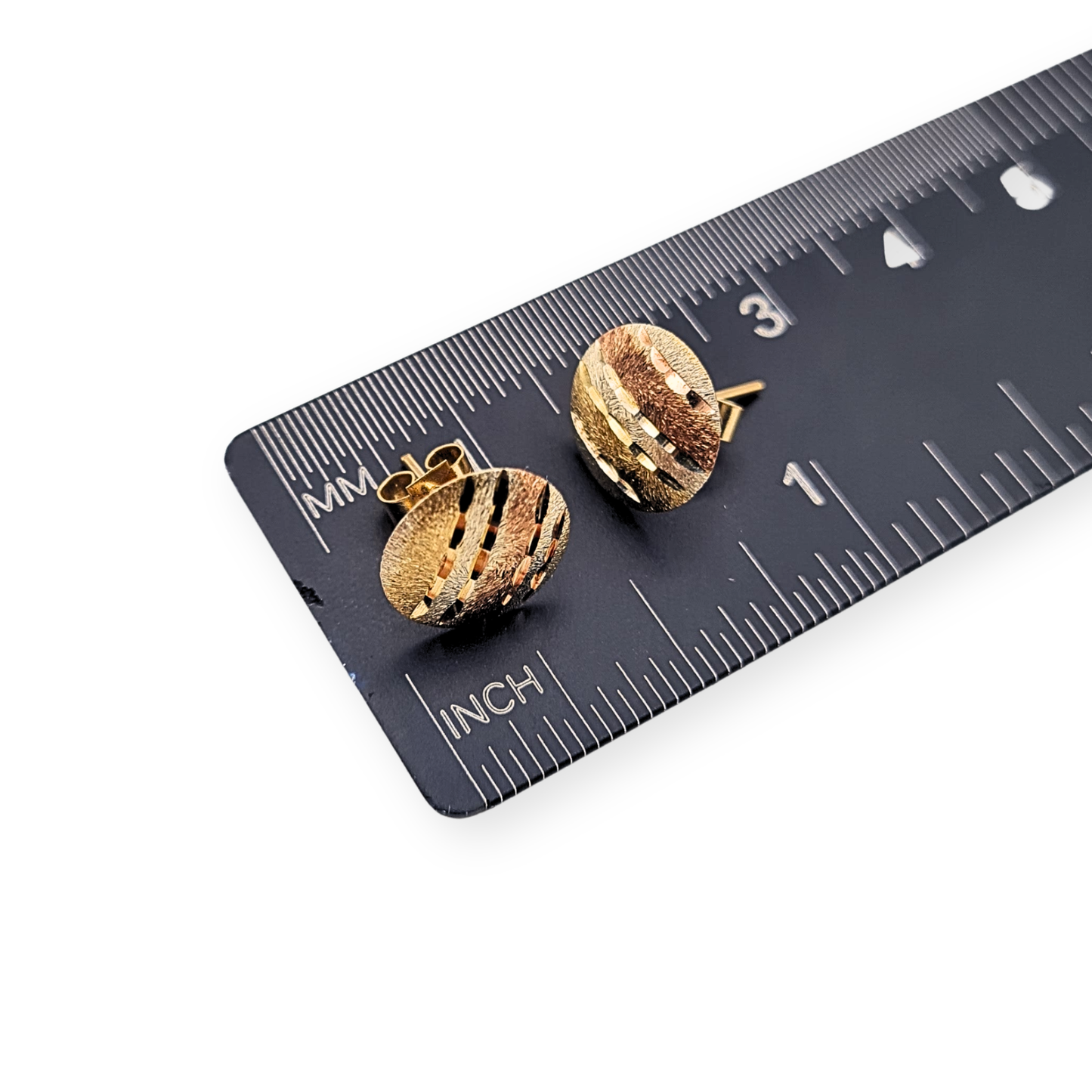 9ct Gold Two Colour Round Stud Earrings, 10mm Engraved Disc Design