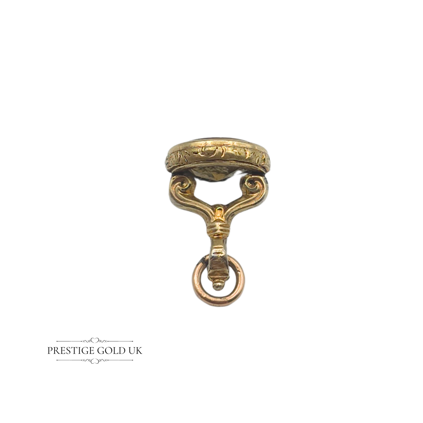 Tiny 9ct Gold Antique Intaglio Wax Seal Fob – Engraved with Drinking Birds, 13mm Tall, Open Jump Ring, Ornate Yellow Crystal Fob