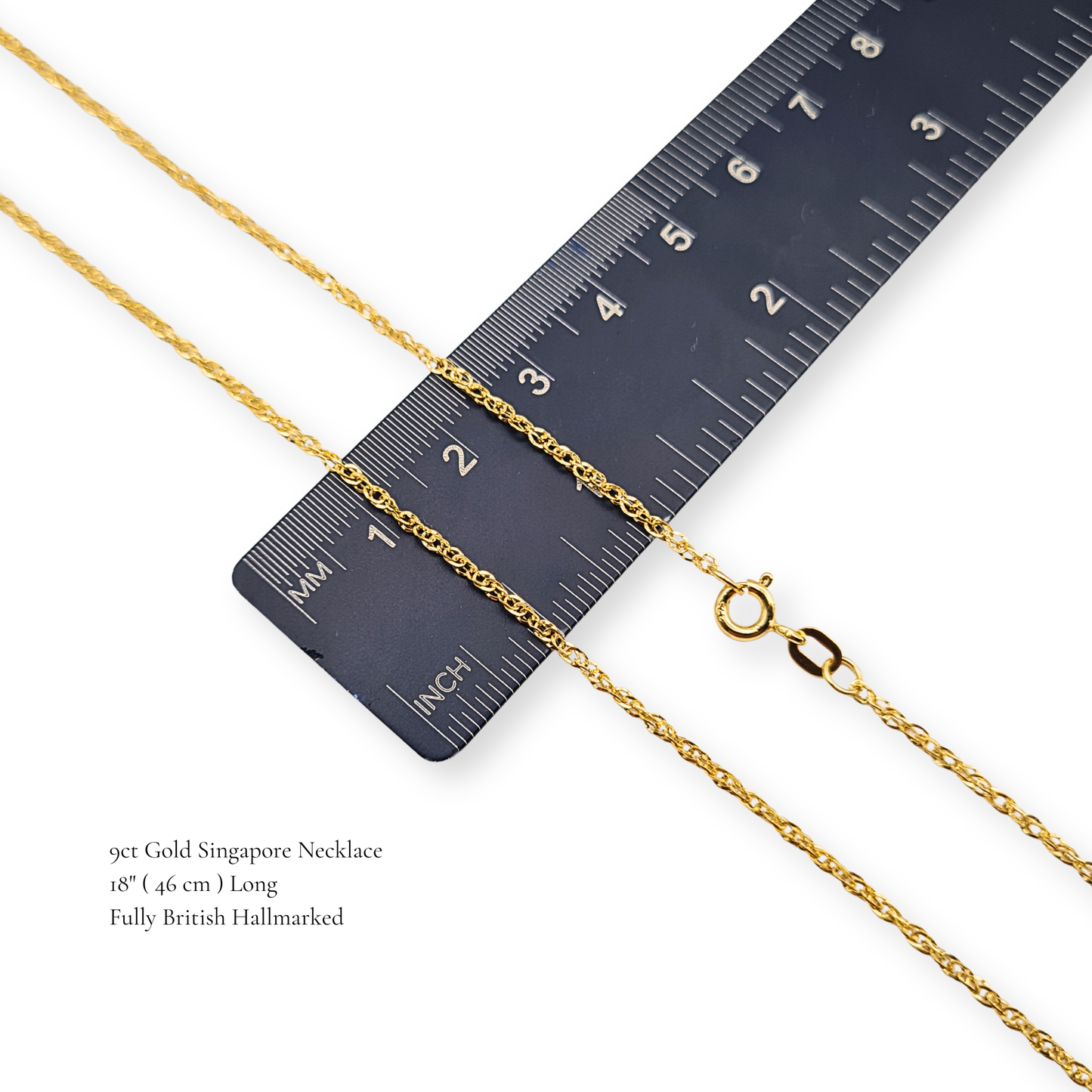 18" 9ct Gold Singapore Necklace 1.5mm wide 46cm long