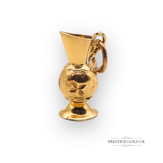 Miniature jug or vase charm in solid 9ct gold, 15mm x 9mm with engraved floral detail on the rounded body, vintage lightweight charm ideal for bracelet or necklace, elegant and collectable jewellery piece