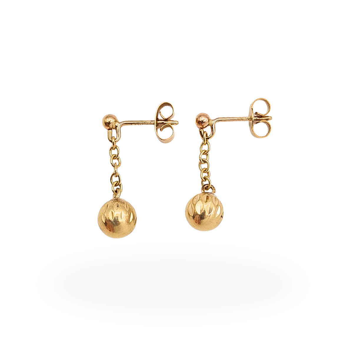 9ct gold textured ball drop earrings with fine chain drops and butterfly backs