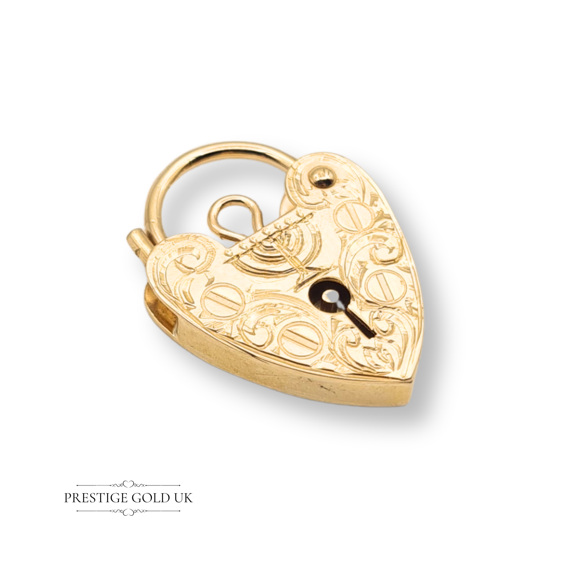 9ct gold heart padlock featuring hand-engraved menorah and ornate scrollwork, lightweight vintage piece hallmarked London 1978, 21mm x 15mm
