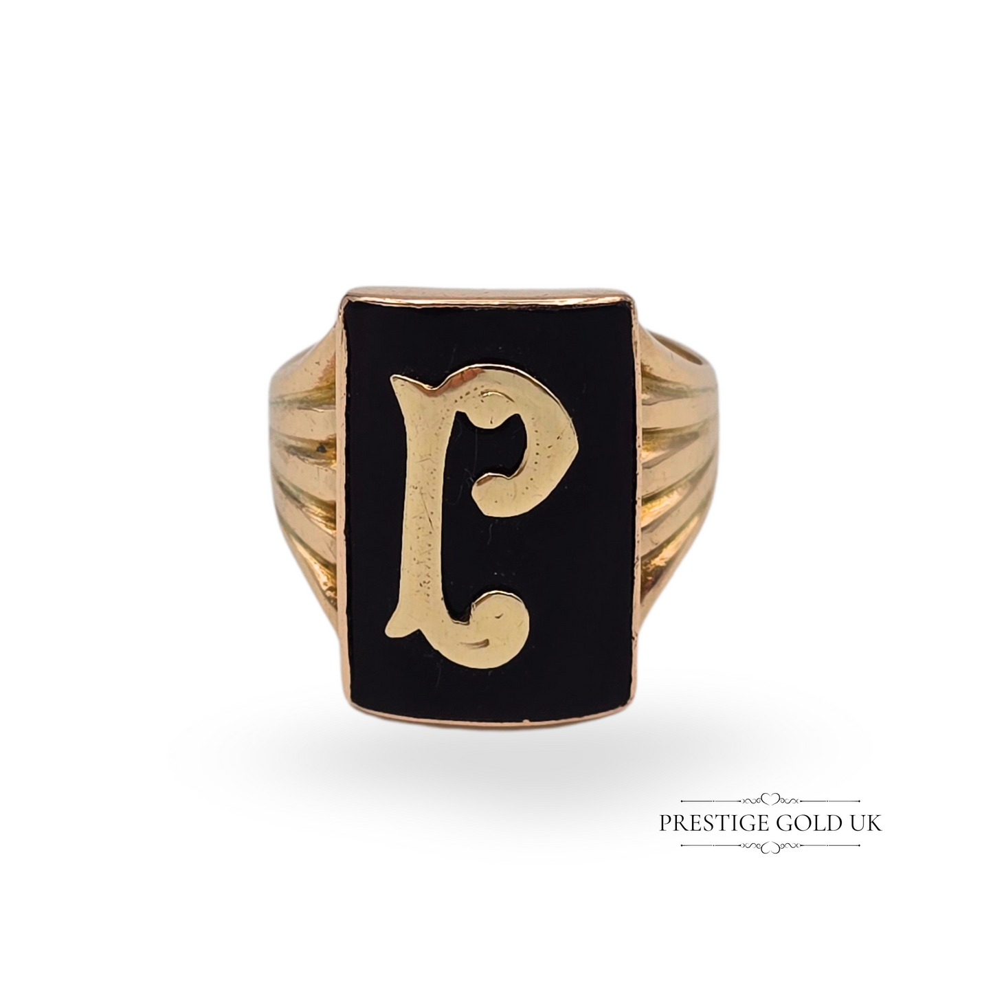 9ct Gold & Black Onyx Signet Ring P Initial, Rectangular Face  UK L 1/2  US 6