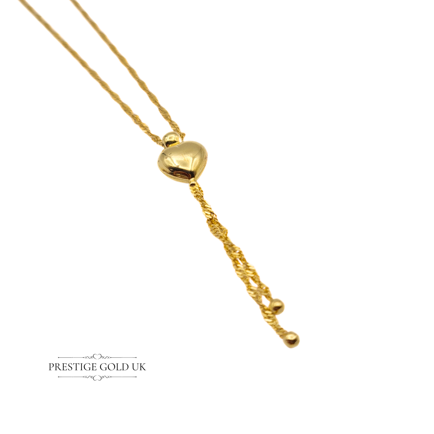 15" Long 9ct Gold Twist Rope Necklace, Sliding Heart Pendant, 15 3/4" (40cm) Long, 1mm Wide, Fully Hallmarked Sheffield