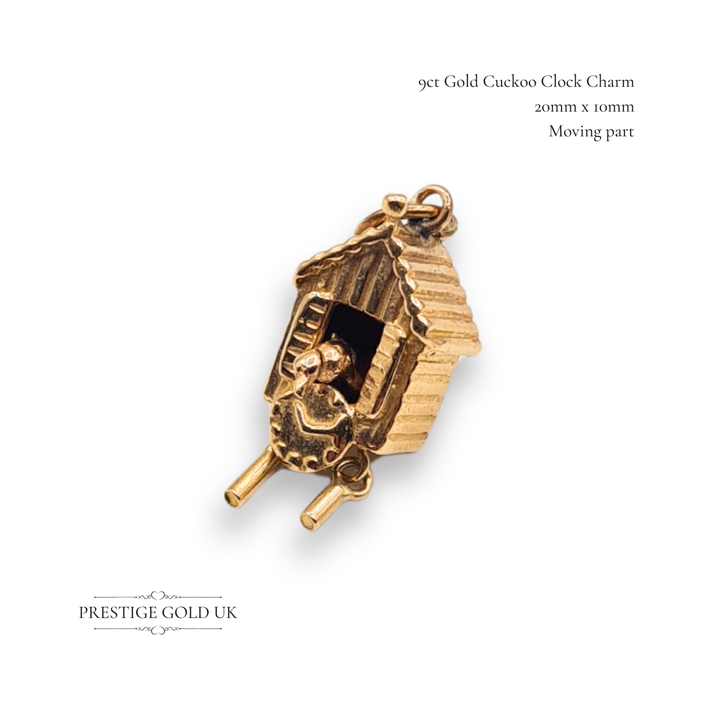 9ct Gold Cuckoo Clock Charm Moving Bird Miniature Fun Pendant