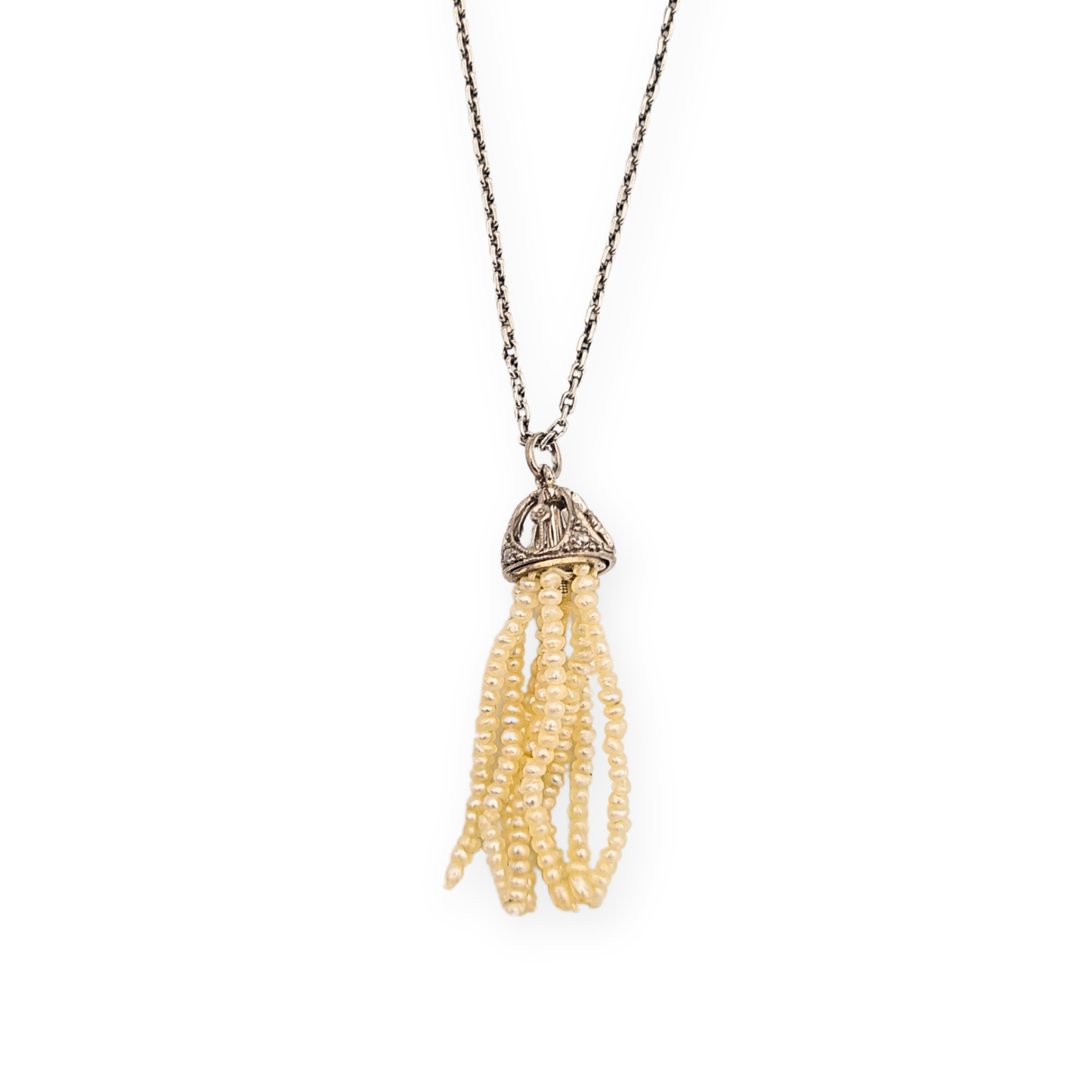 14" Lomg Platinum Chain 18ct Diamond Seed Pearl Tassel Pendant 36cm