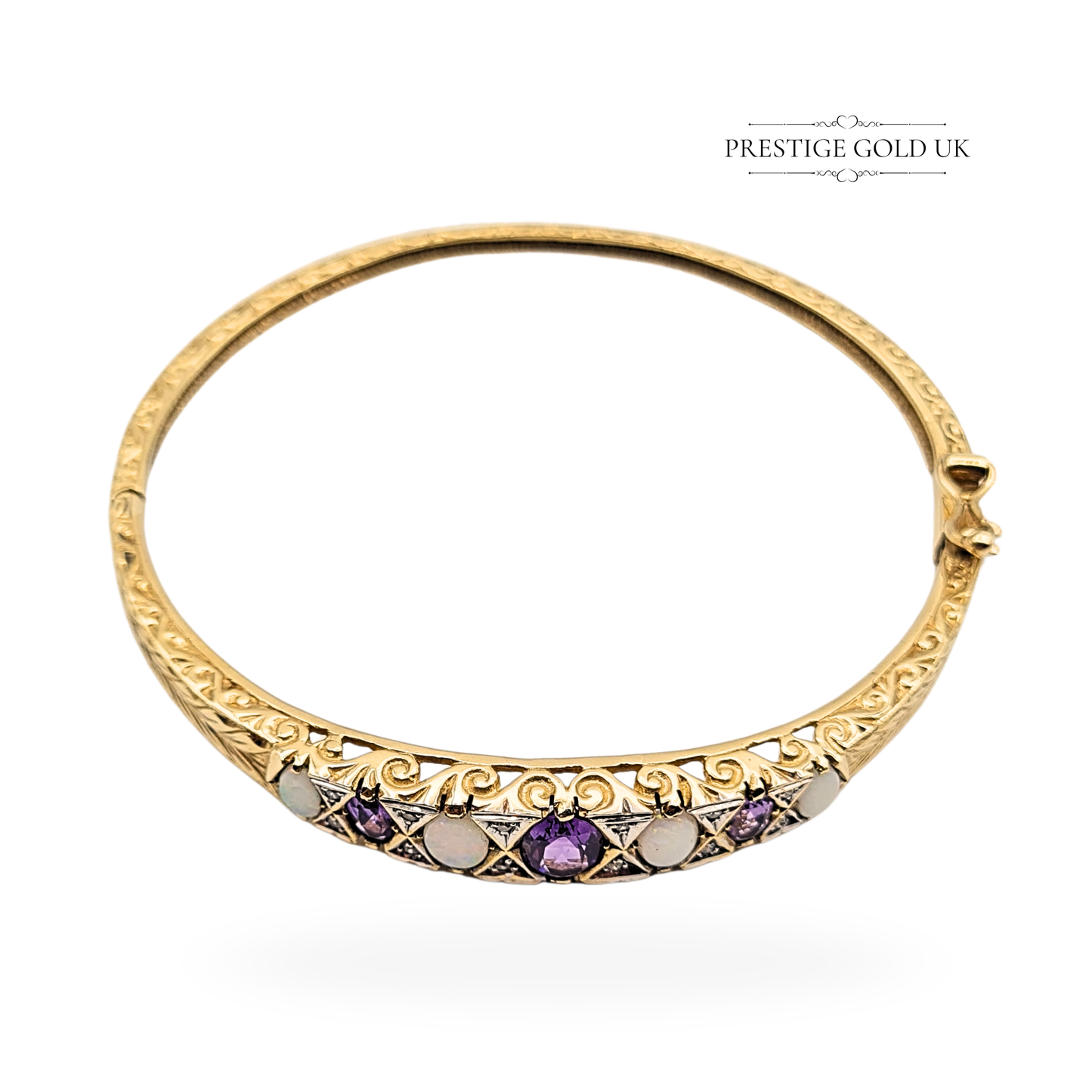9ct Gold Amethyst Opal Diamond Bangle, 6 1/2" (16cm) 12.73g