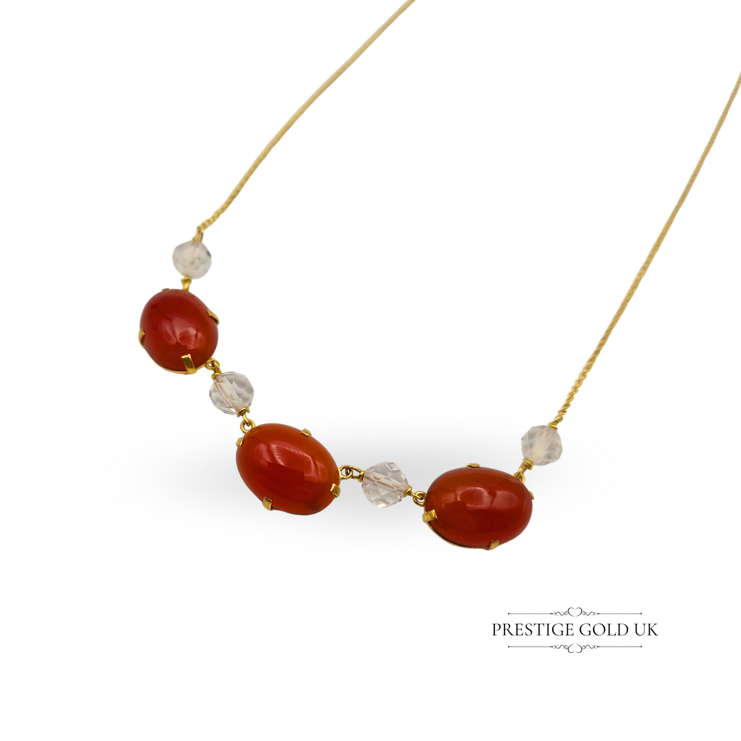 14.5" Gold Carnelian Necklace, 3 Oval Stones & Crystal Beads, 9ct Gold