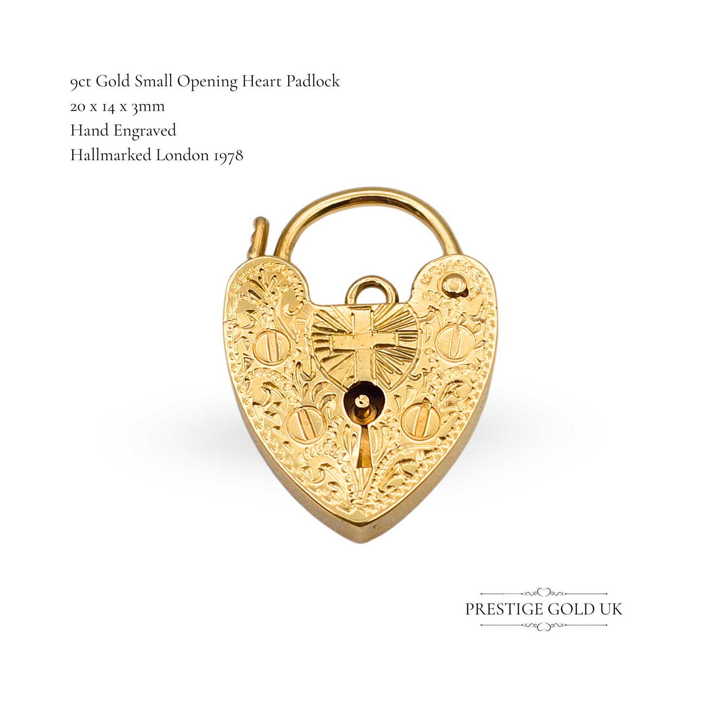 9ct Gold Heart Padlock Charm, Engraved Crucifix Cross Design Christian Symbolism
