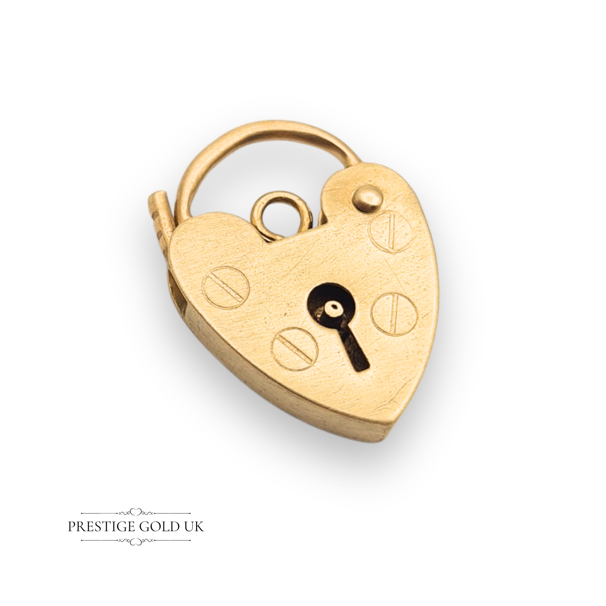 Vintage 9ct yellow gold heart padlock clasp, hallmarked London 1998, 18mm x 14mm, with brushed finish and screwhead motif, perfect for vintage bracelets or necklaces.