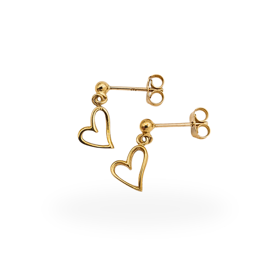 Pair of 9ct gold open heart drop earrings with post and butterfly backs, stamped 375, 15mm long.