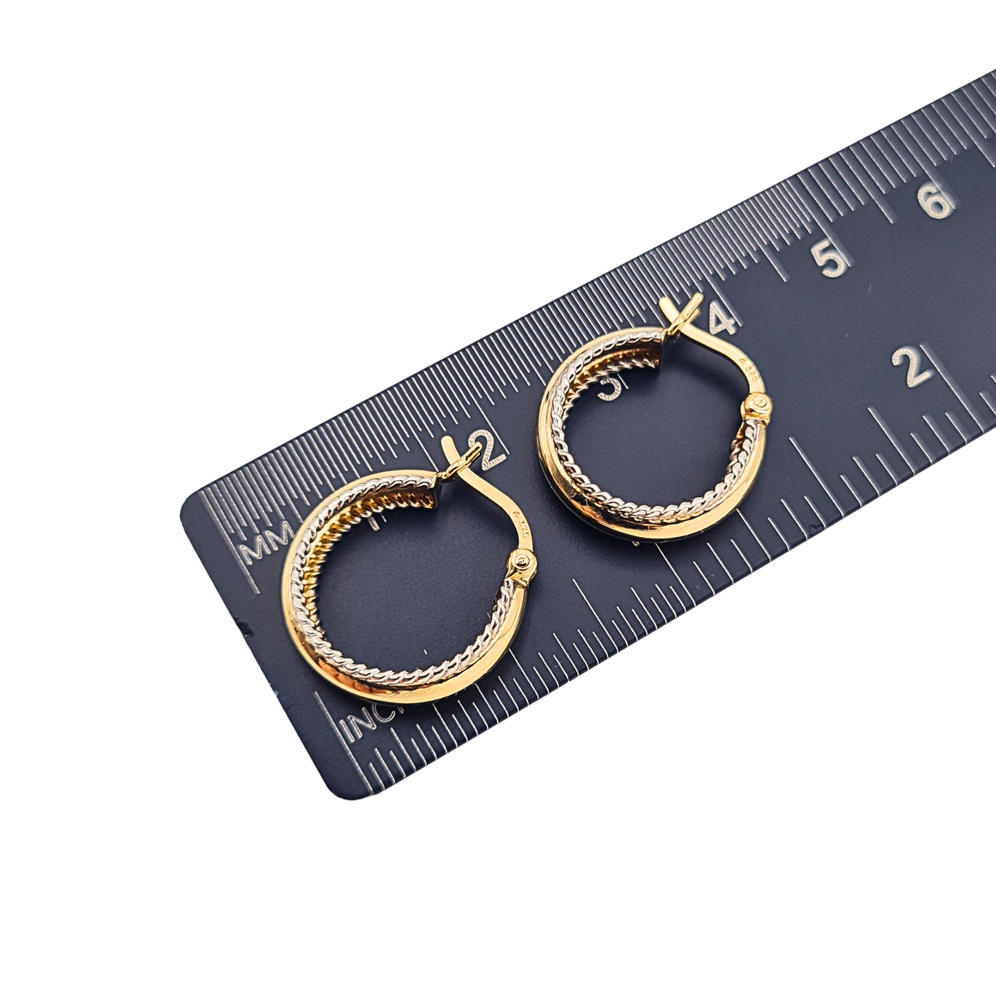Small 9ct Gold Fancy Hoop Earrings White Gold Scroll Detail 16mm Hoops