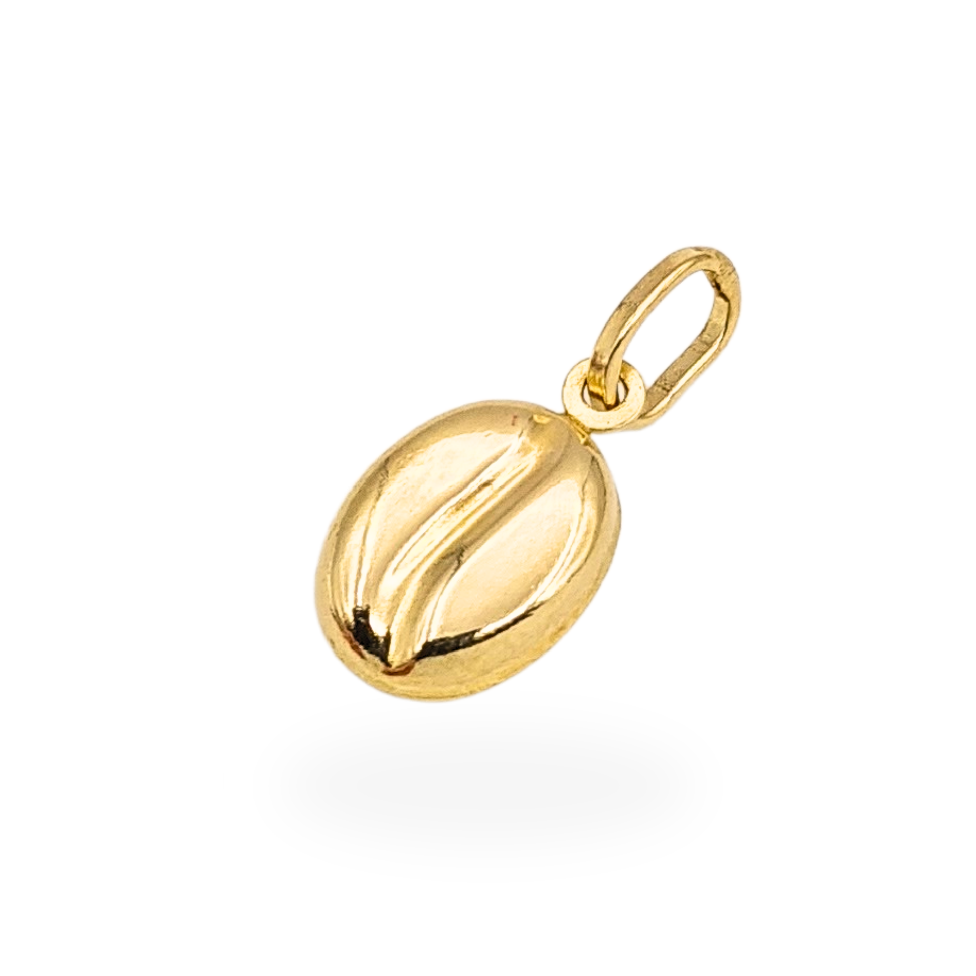 Close-up of a 9ct yellow gold coffee bean charm pendant, 12mm by 7mm, stamped 9k and fully tested. The hollow gold construction gives it a lightweight feel, perfect for charm bracelets or fine chains, polished to a bright, reflective finish.