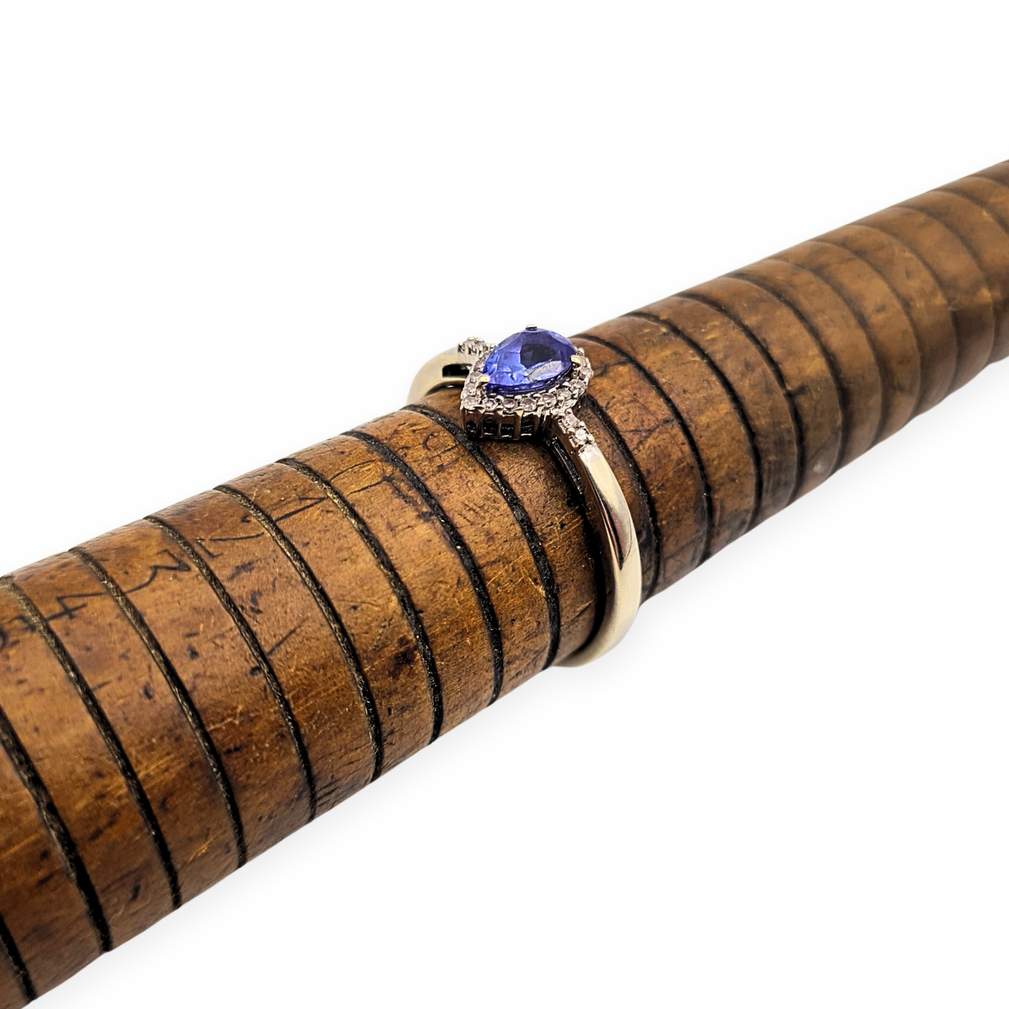 9ct White Gold Tanzanite Diamond Ring Pear Halo UK P US 7 3/4