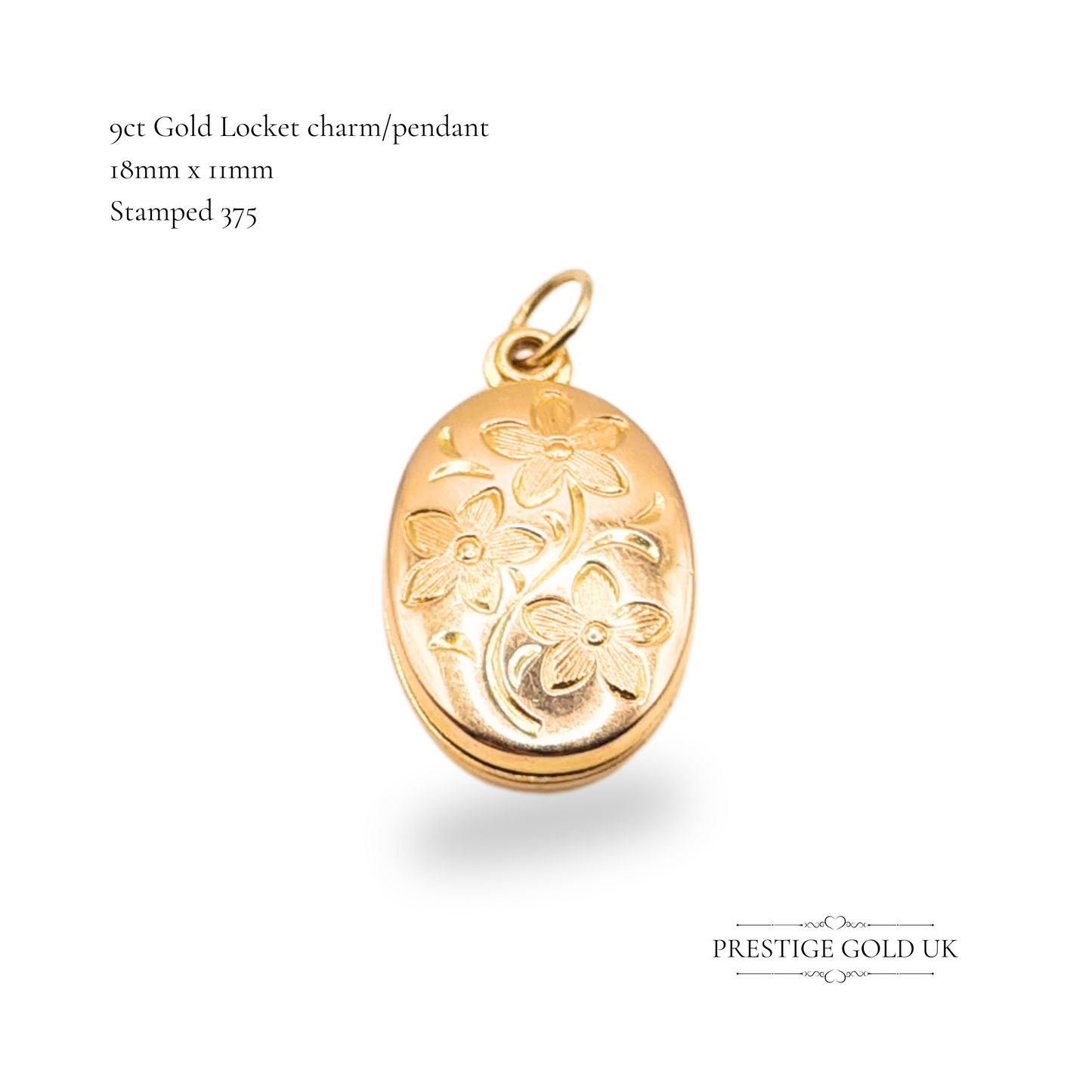 9ct Gold Oval Floral Locket Pendant 18mm x 11mm Lightweight Stamped 375