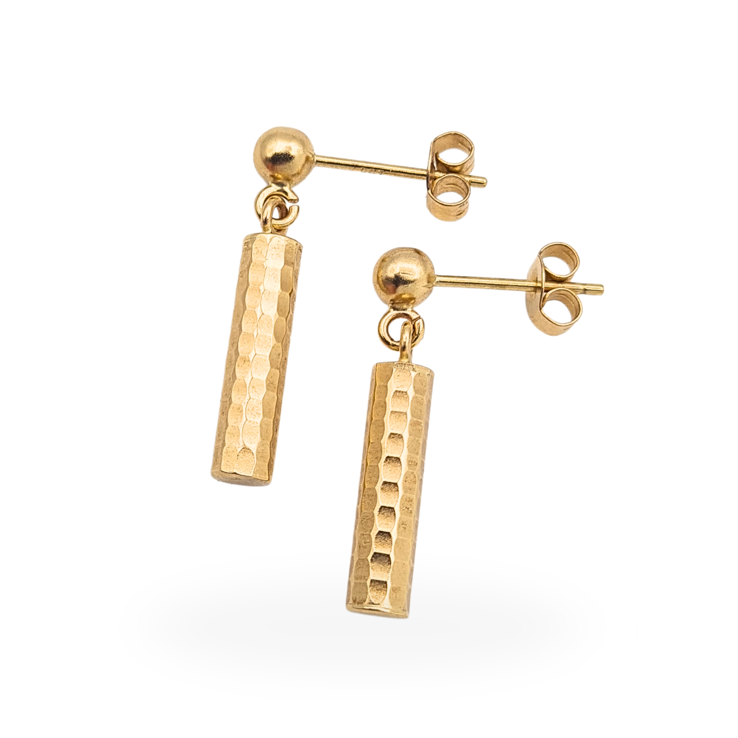 9ct gold hammered barrel drop earrings with faceted texture and ball stud fittings