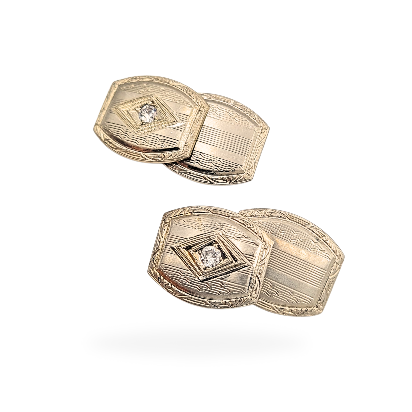10ct White Gold Diamond Cufflinks, Art Deco Style, 10k Stamp