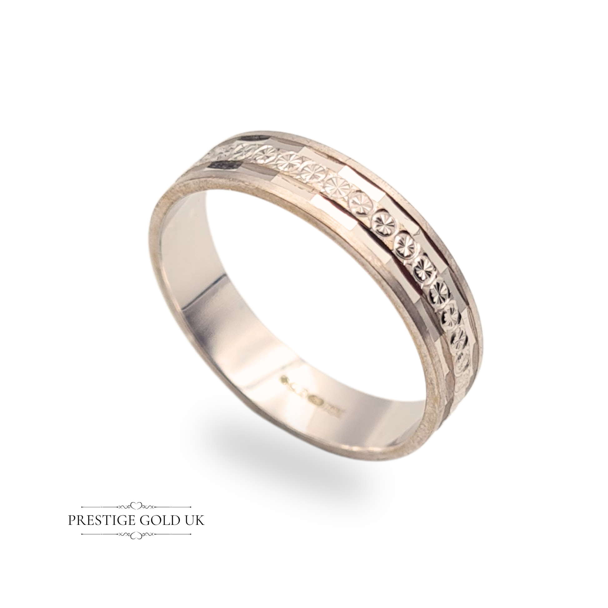 A classic 9ct white gold wedding ring with a 4.5mm polished band, UK size O 1/2 / US 7 1/2, fully hallmarked by Sheffield Assay Office, elegant and unisex in a traditional comfort fit style, ideal for weddings or anniversaries.