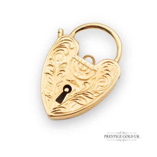 Vintage 9ct yellow gold heart padlock charm with hand-engraved Menorah symbol, fully hallmarked London 1966, 21mm x 15mm, unisex religious vintage jewellery