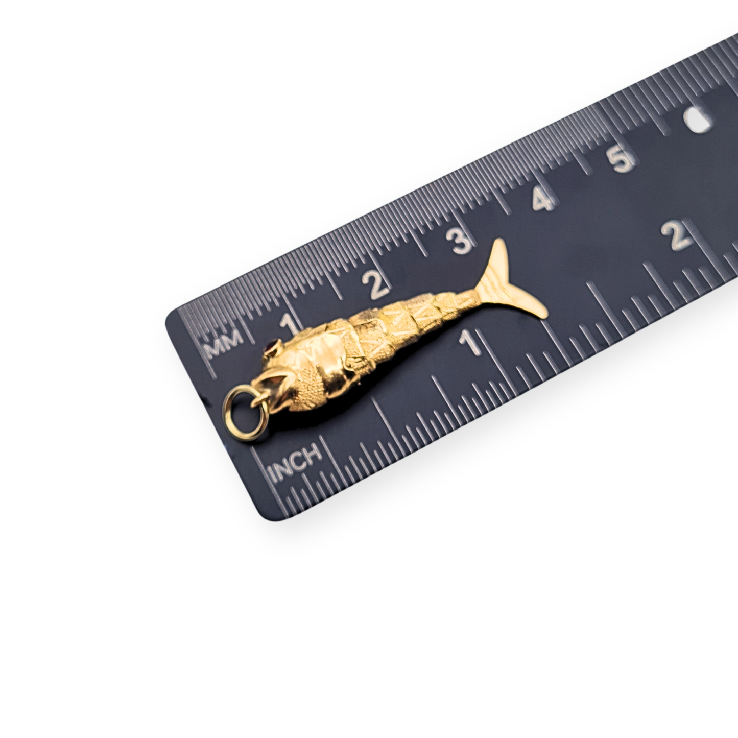 9ct Gold Articulated Fish Pendant Charm Red Stone Eyes