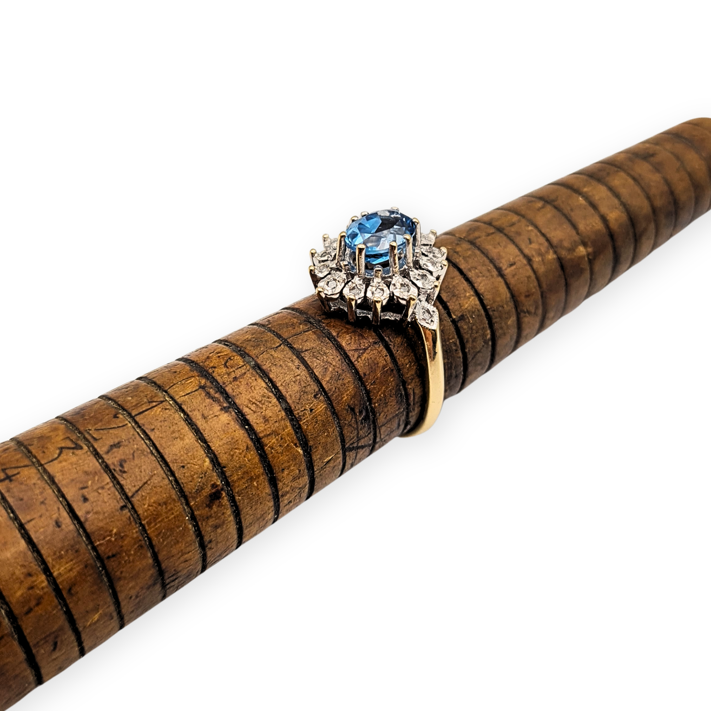 9ct Gold Oval Blue Topaz & Diamond Cocktail Ring - Size UK N, US 6 3/4,