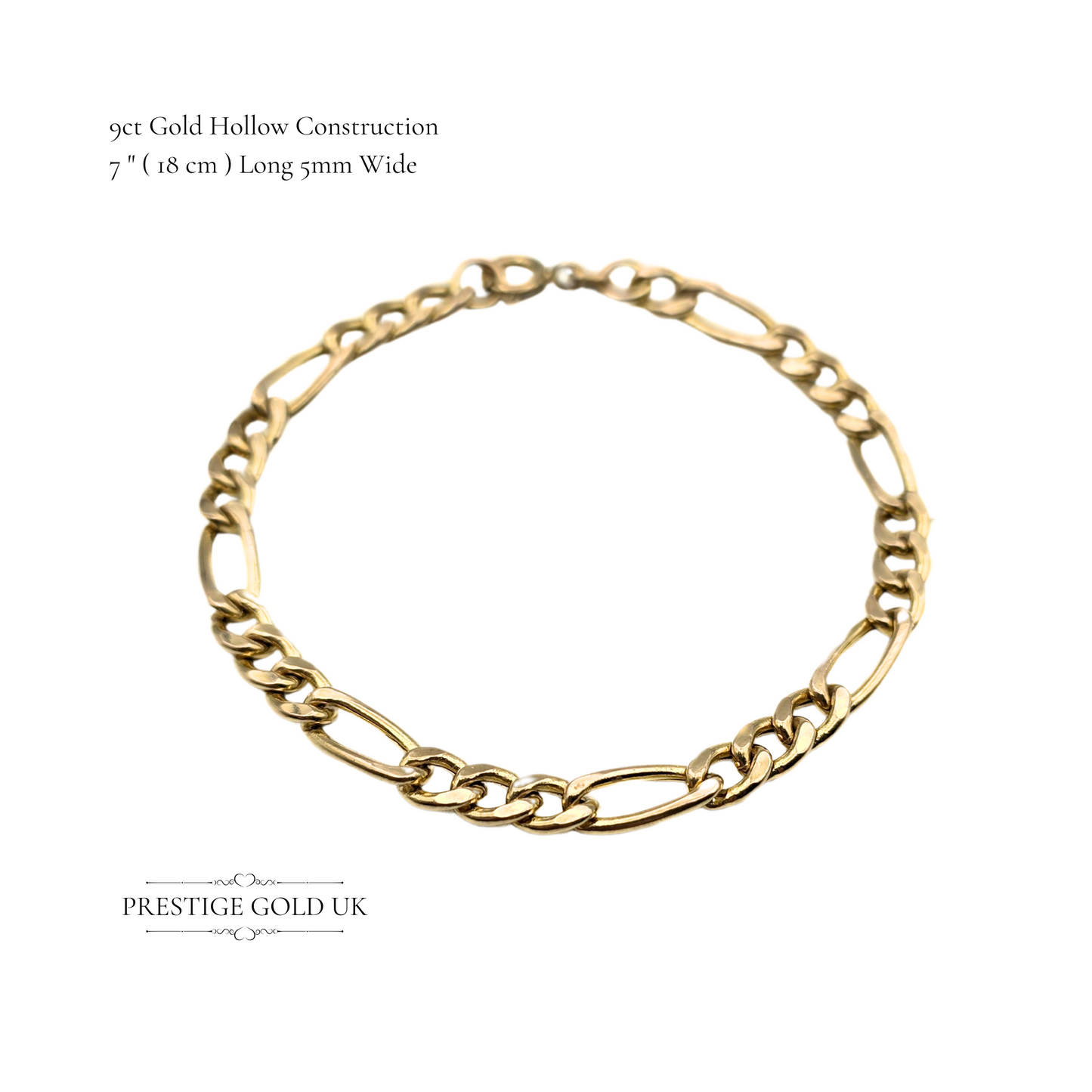 7" Vintage 9ct Gold Figaro Bracelet,  (18cm) Long, 5mm Wide, Hollow Design