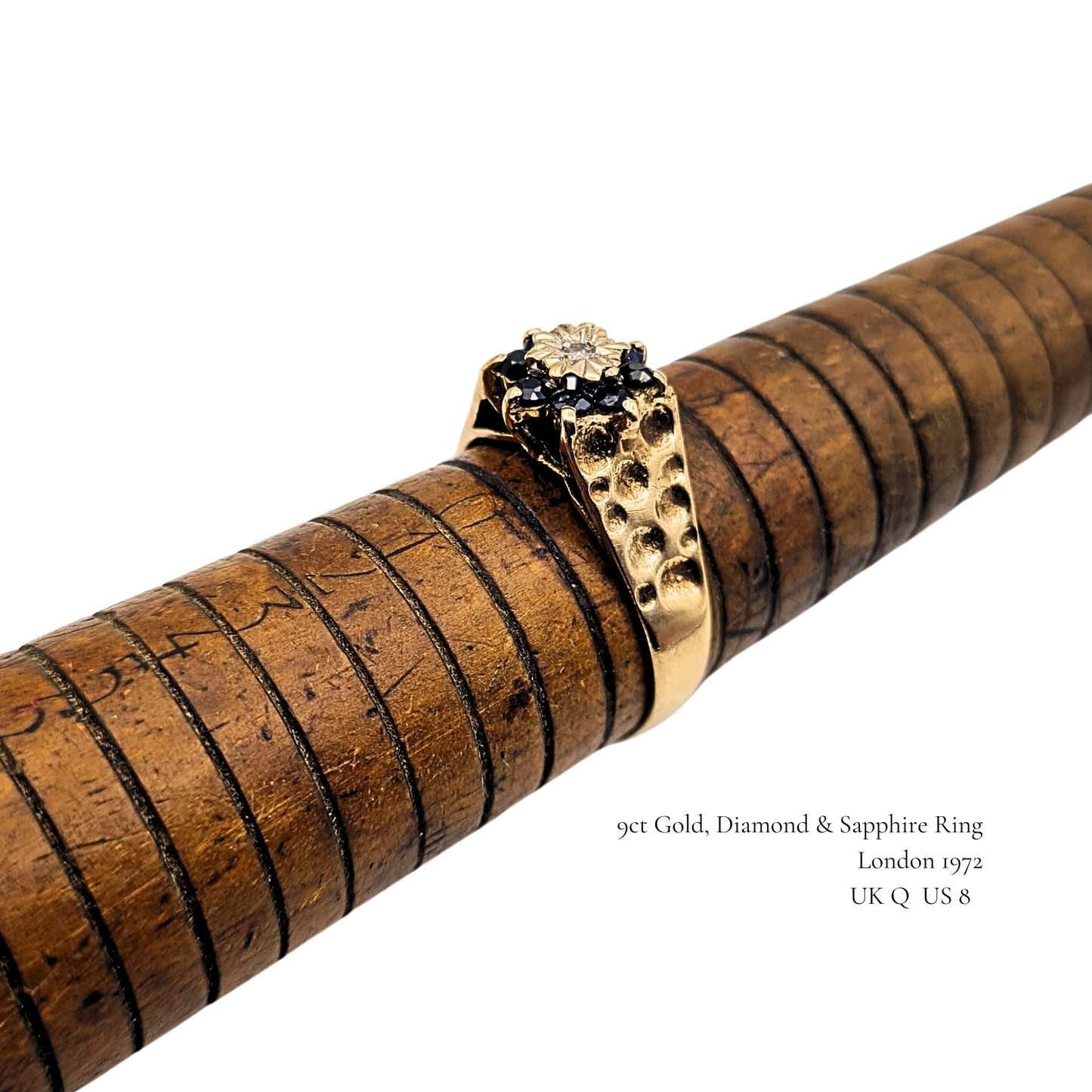 9ct Gold Diamond Sapphire Ring, UK Q US 8, London 1972