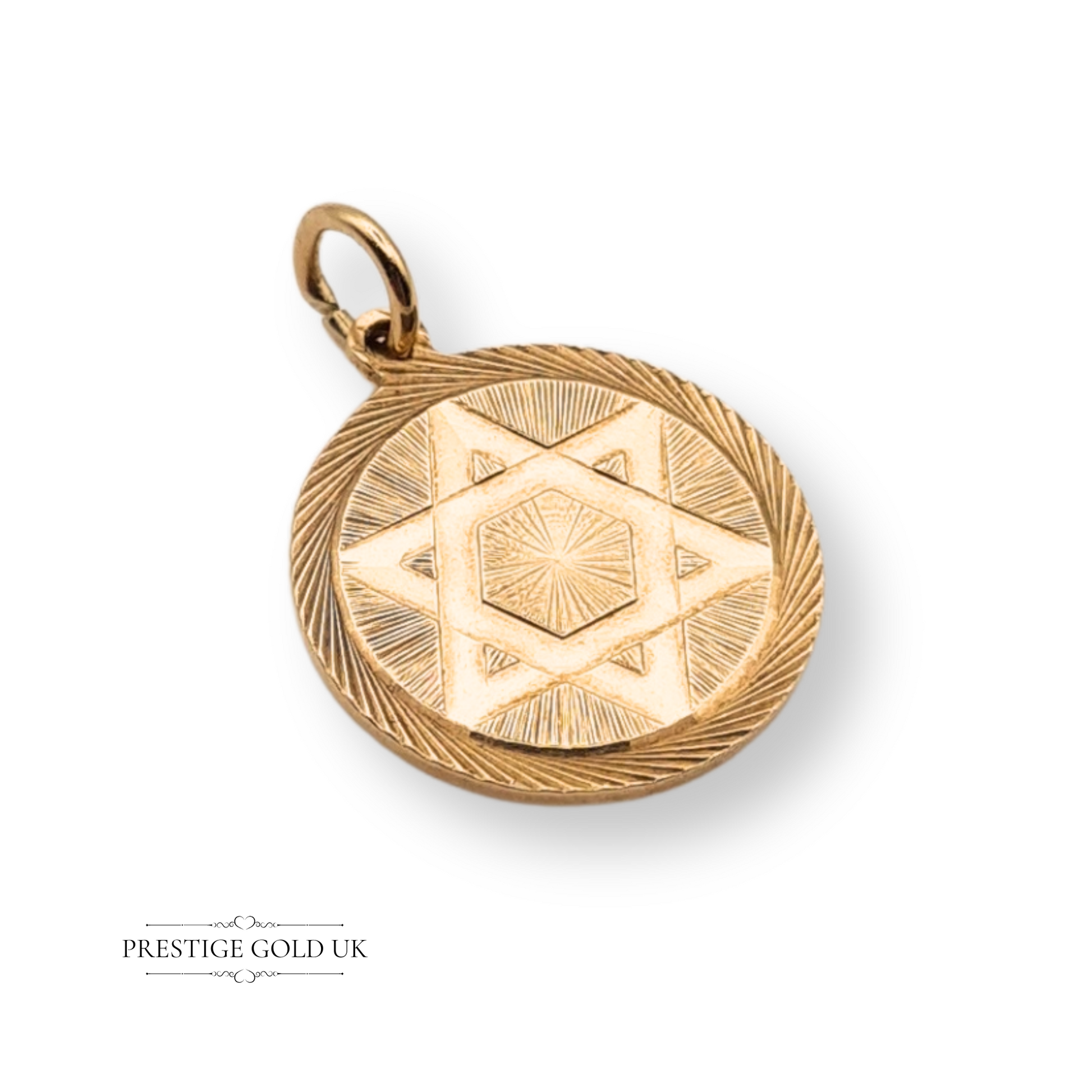 Vintage 9ct yellow gold Star of David pendant, fully hallmarked London 1966, featuring a polished six-pointed star design with crisp lines and warm gold tones, symbolising heritage and faith.
