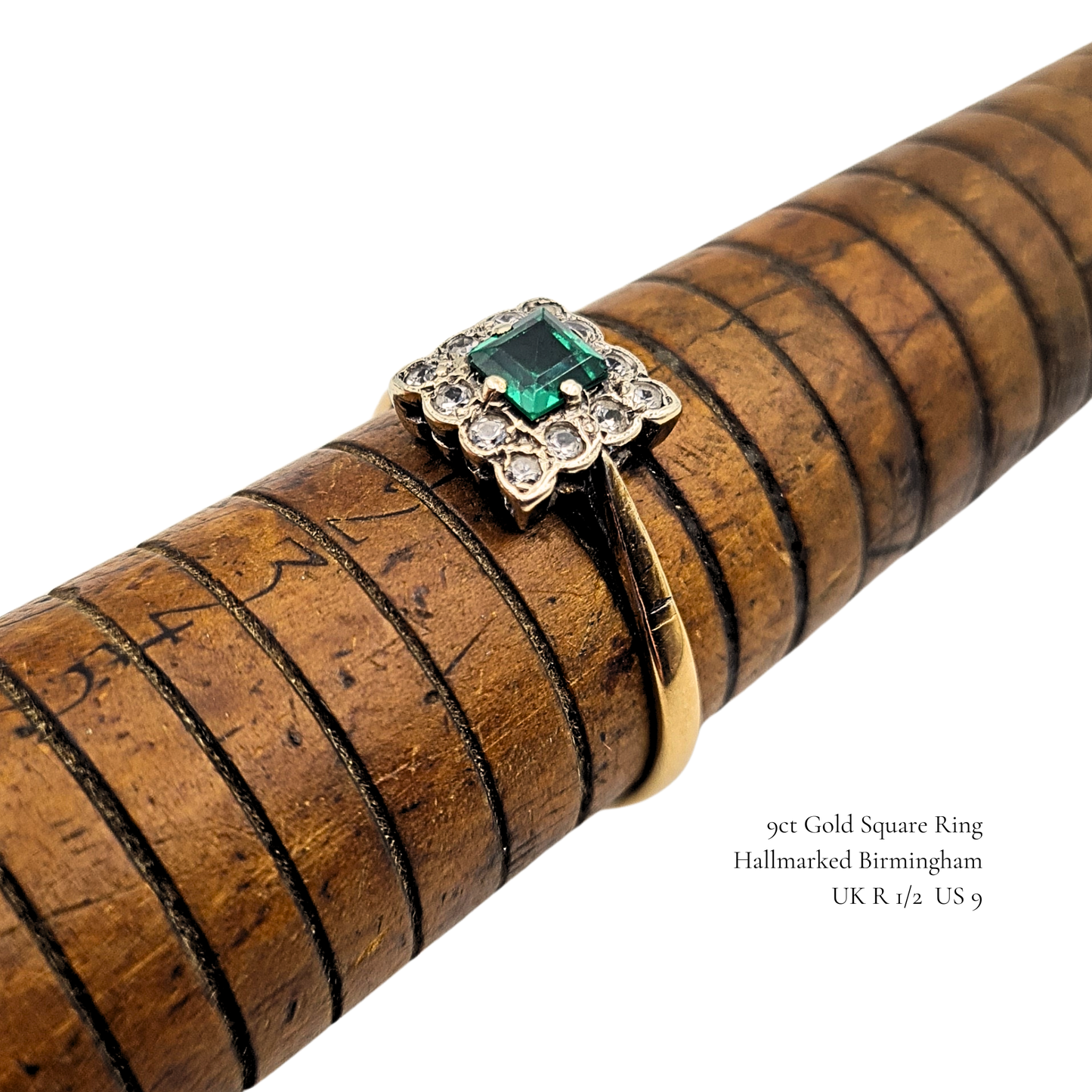 9ct Gold Square Paste Ring, Green And Clear Paste Stones UK R 1/2 US 9
