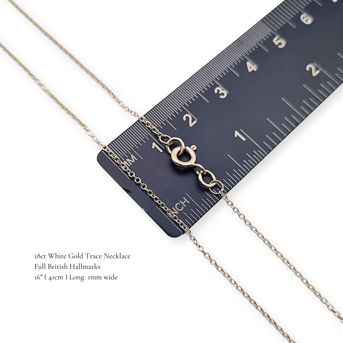 16"  White Gold 18ct  Trace Necklace Chain  British Hallmarked 41cm long