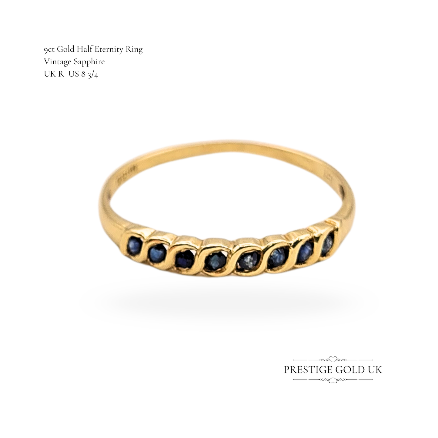 9ct Gold Half Eternity Sapphire Ring,  UK R  US 8 3/4 September Birthstone Band