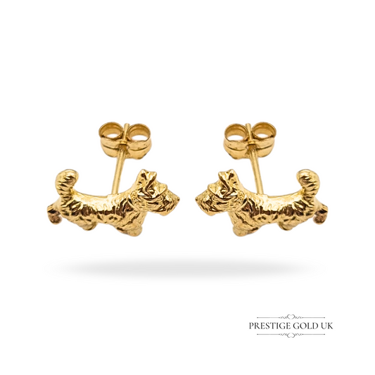 Pair of 9ct gold Scottie dog stud earrings, tested 375, Scottish terrier design, lightweight 0.5g with butterfly backs, 11mm x 9mm, perfect gold jewellery gift for pet lovers