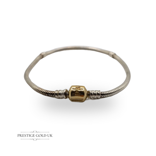 Pandora Silver Charm Bracelet with 14ct Gold Clasp, ALE 585 Hallmarked, 7.5 Inch